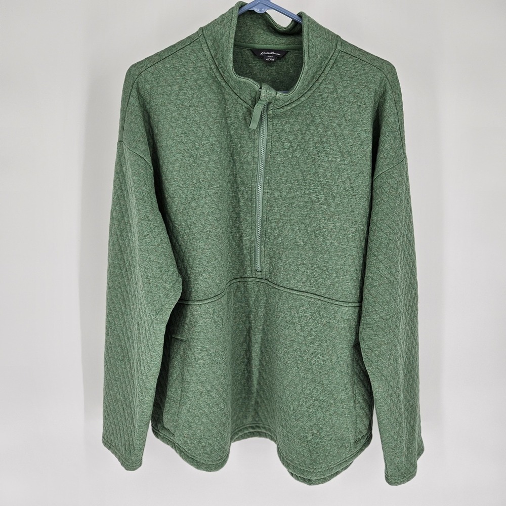 Eddie Bauer Quilted Pullover Women XXL Green Quarter Zip Diamond Textured Sweats